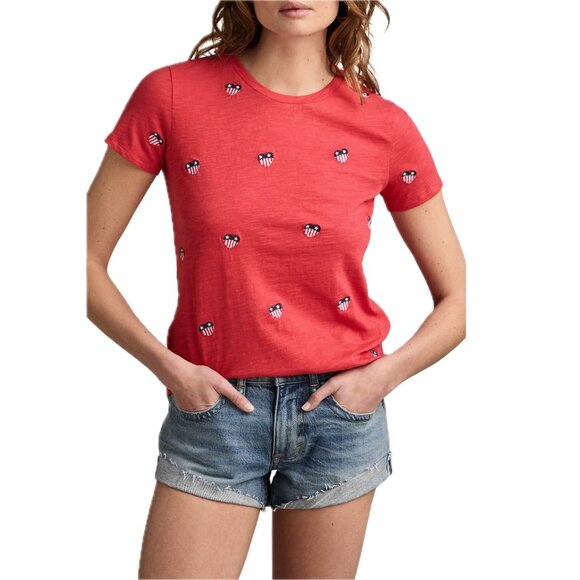 Lucky Brand Women's Cotton Heart Flag Embroidered T-Shirt Sz S NWT - Picture 2 of 8